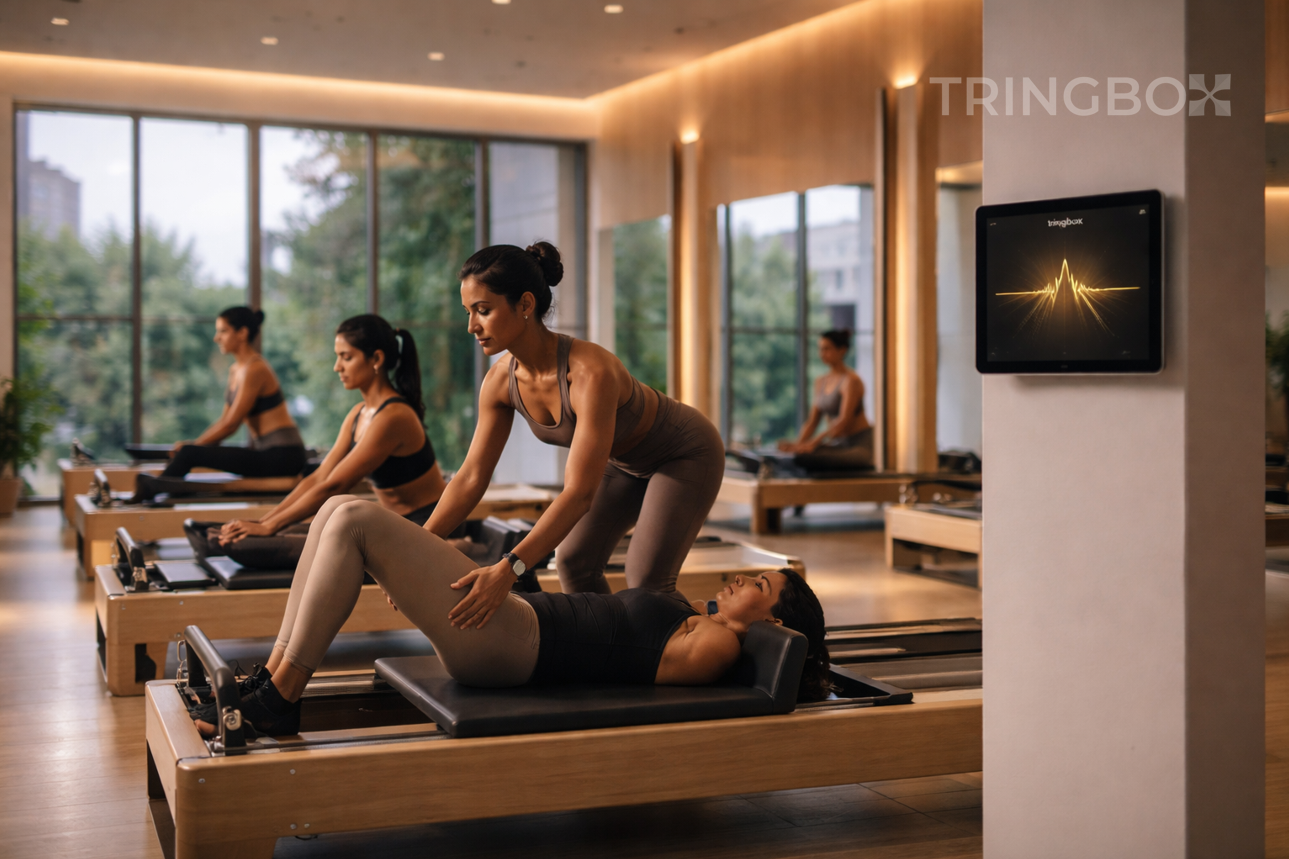 A high-end, contemporary Reformer Pilates studio where Tringbox AI music is perfectly synchronized with the fluid movements of the class.