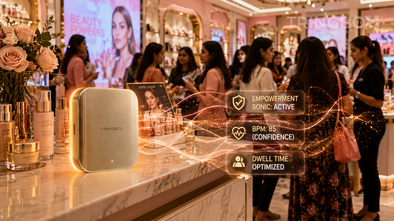 A 16:9 cinematic photograph of a high-end beauty and cosmetics boutique. Groups of women are comfortably swatching makeup. A sleek Tringbox sensor glows softly on a marble counter. Translucent digital overlays show 'EMPOWERMENT SONIC: ACTIVE' and 'DWELL TIME +25%'.