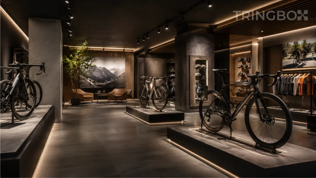 A sleek, premium cycling showroom showcasing high-performance road bikes on minimalist geometric mounts, unified by an invisible, sophisticated AI-managed sound layer.