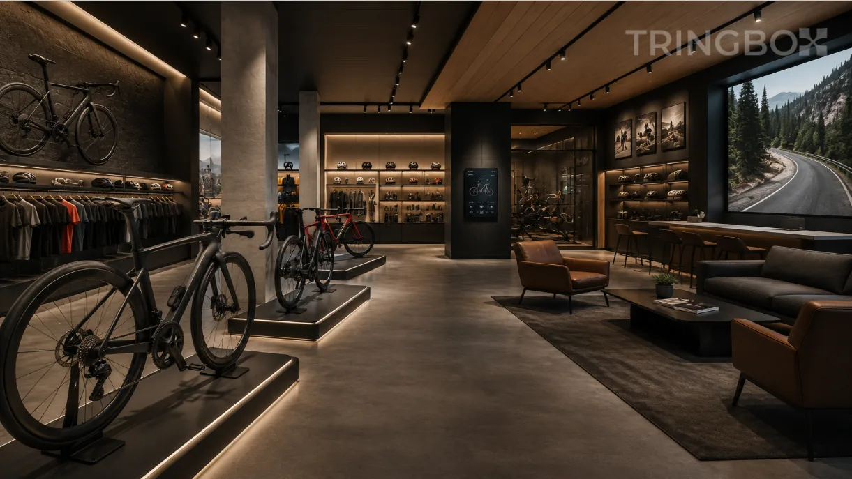 A sleek, premium cycling showroom showcasing high-performance road bikes on minimalist geometric mounts, unified by an invisible, sophisticated AI-managed sound layer.