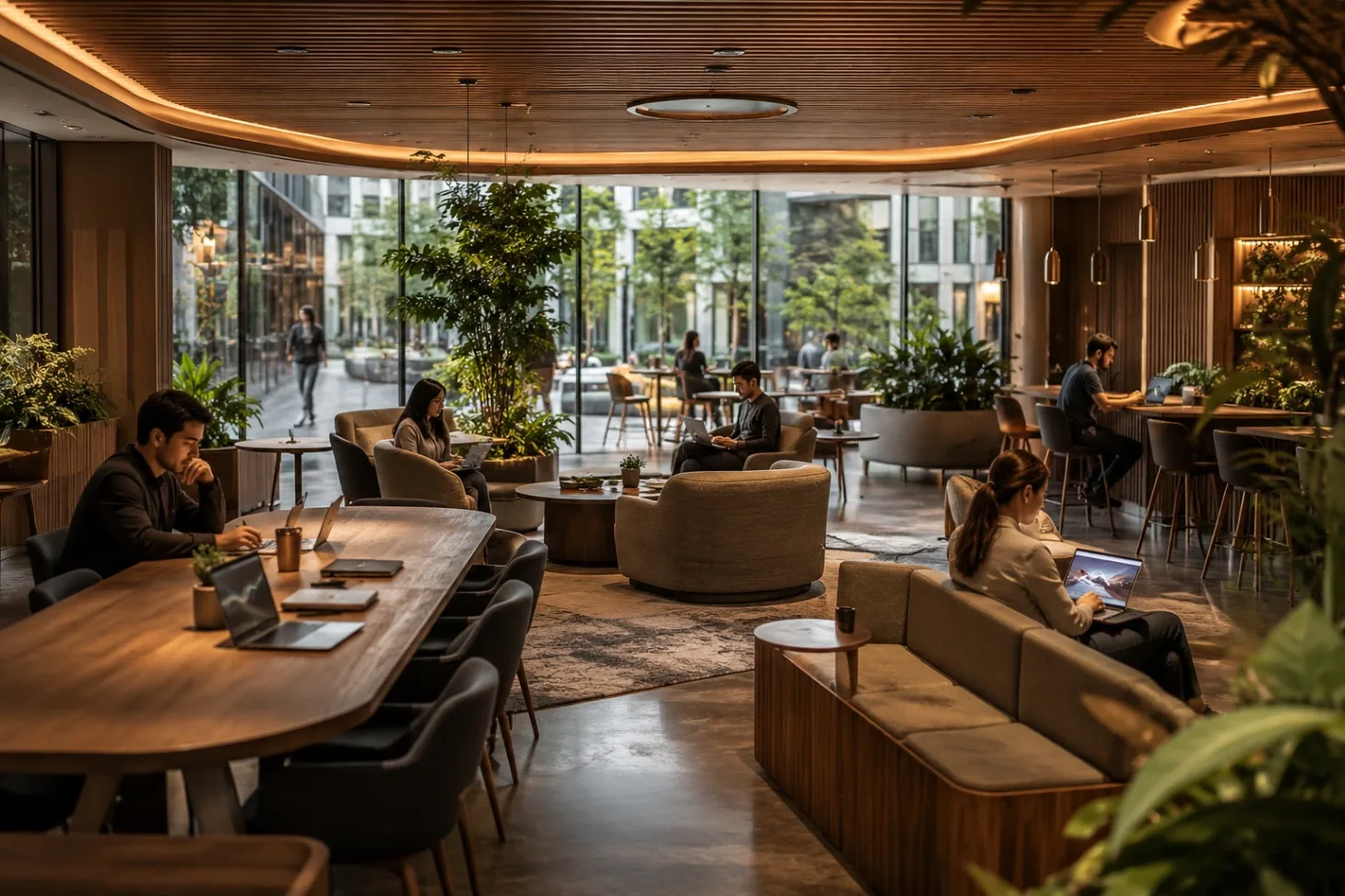 A modern, beautifully designed glass-and-wood coworking lounge with lush plants, where professionals work calmly in a focused, AI-managed acoustic layer.