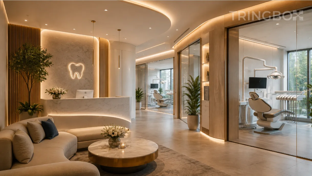 A modern, ultra-luxury dental clinic lounge featuring soft warm lighting, minimal design lines, and marble accents, unified by an invisible, calming AI-driven audio soundscape.