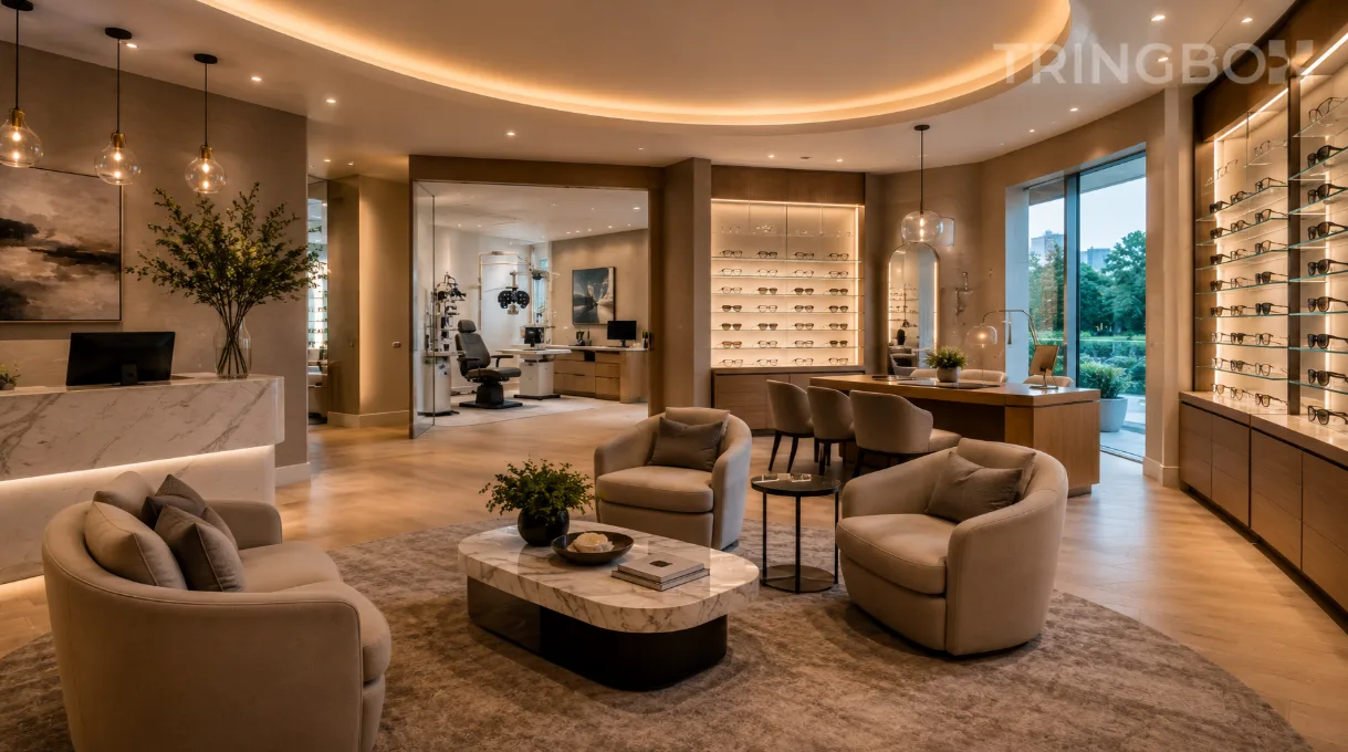 A modern, luxury optometry boutique featuring soft warm lighting, minimal design lines, and minimalist glass displays housing designer frames, unified by an invisible, calming AI-driven audio soundscape.
