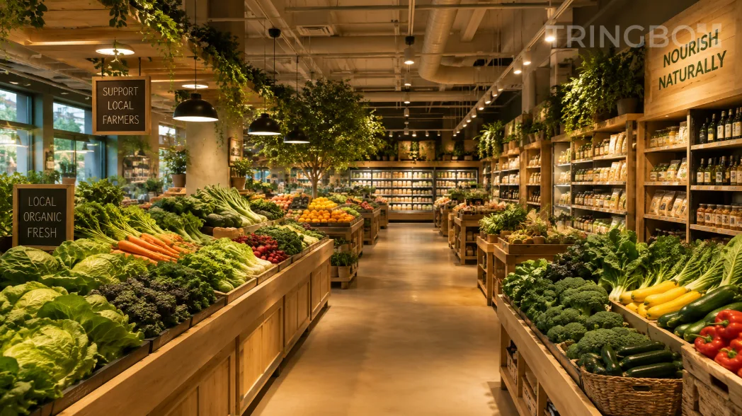 A modern, premium organic grocery aisle with custom wood shelving and lush green produce, unified by a calming, AI-driven audio soundscape.
