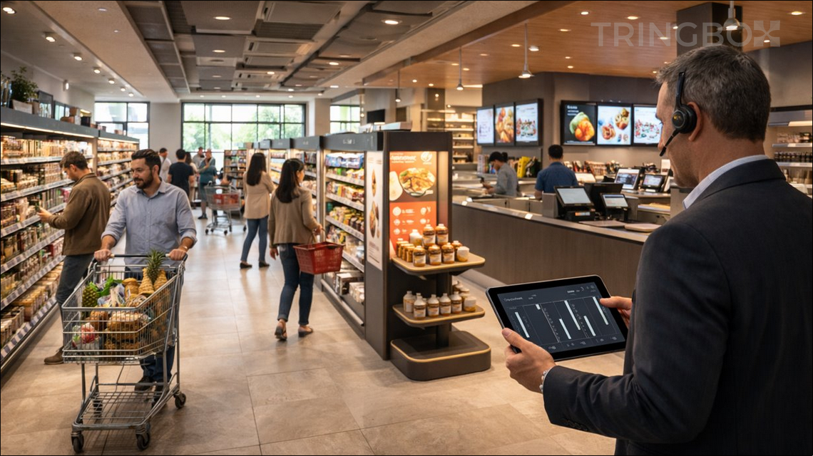 A modern, high-tech hypermarket with shoppers and digital signage, highlighting the intersection of physical and digital retail.