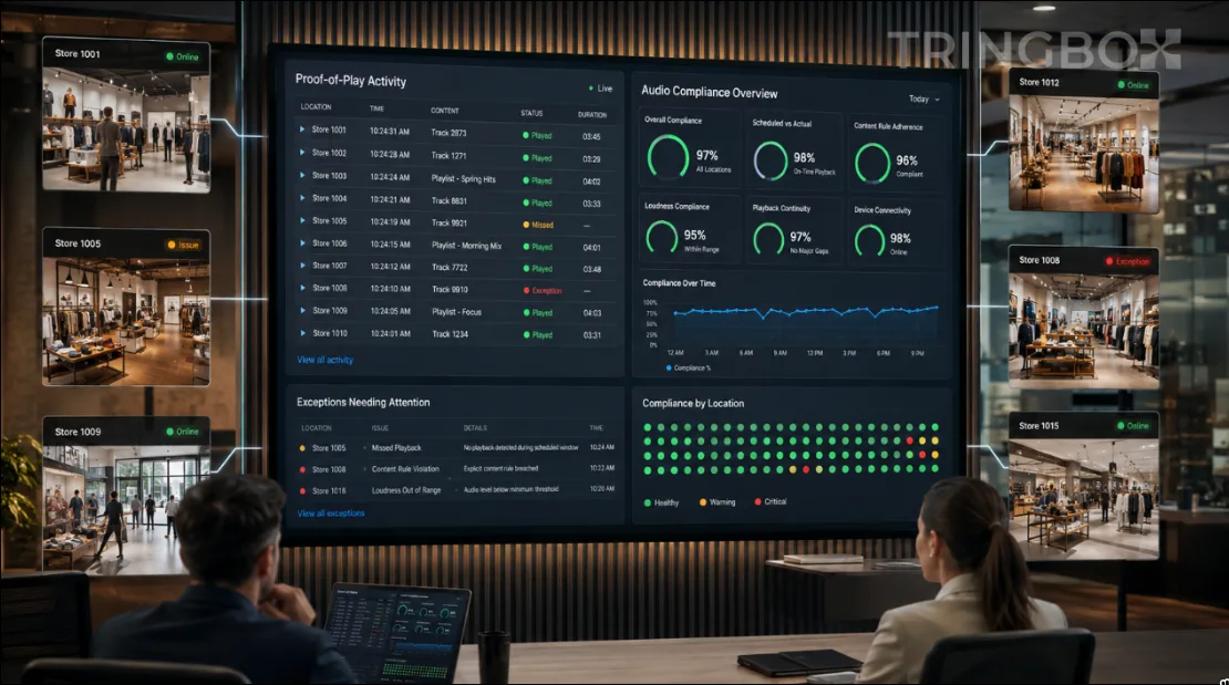 An enterprise analytics dashboard displaying real-time proof-of-play logs and audio compliance telemetry for multi-location retail stores.