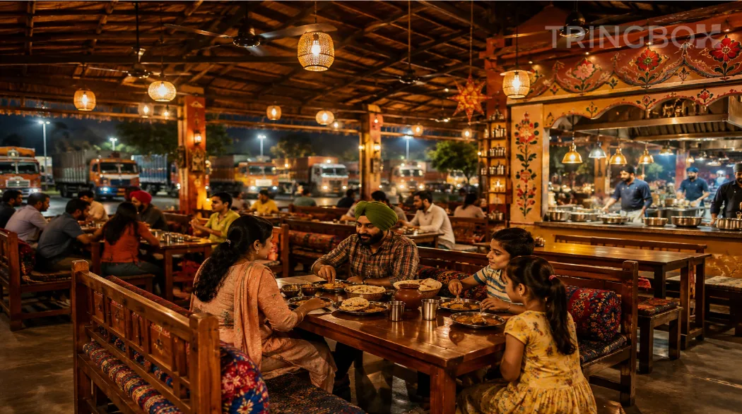 A vibrant, modern Punjabi dhaba with rustic wooden benches and warm lighting, where traveling families enjoy an authentic meal in a lively, AI-managed acoustic setting.