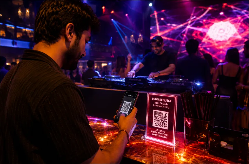 A vibrant nightclub scene showing a patron scanning a QR code on a glowing bar top while the DJ performs in the background.