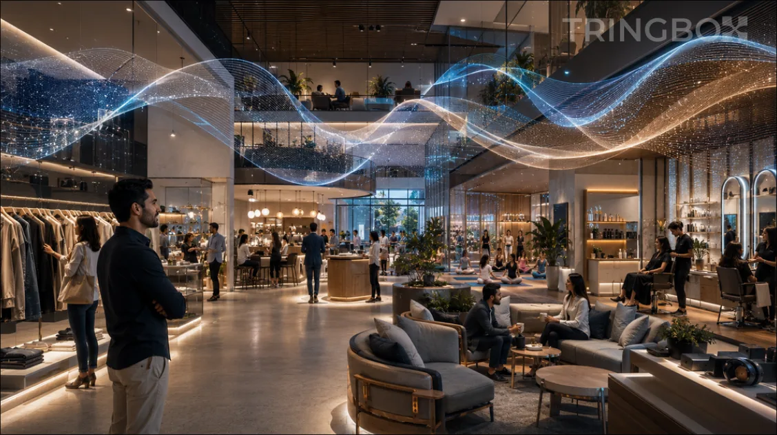 A highly premium, multi-sector commercial property displaying an ultra-modern aesthetic with an integrated cloud-native audio control overlay.