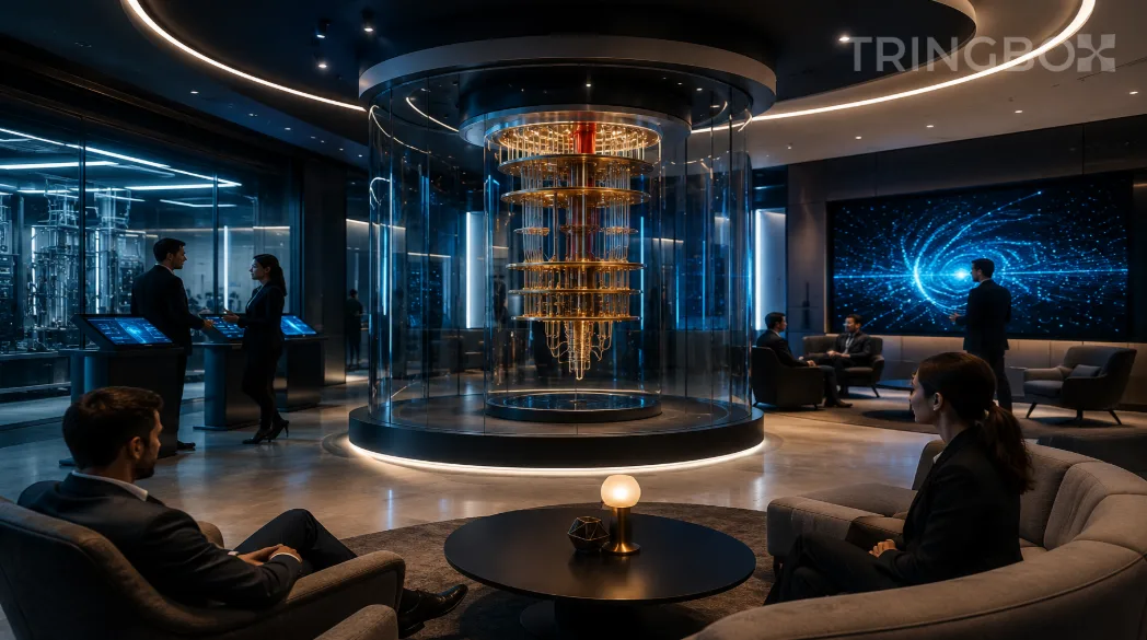 A futuristic quantum computing experience center featuring a golden dilution refrigerator in a glass chamber, unified by a soothing, AI-managed acoustic layer.