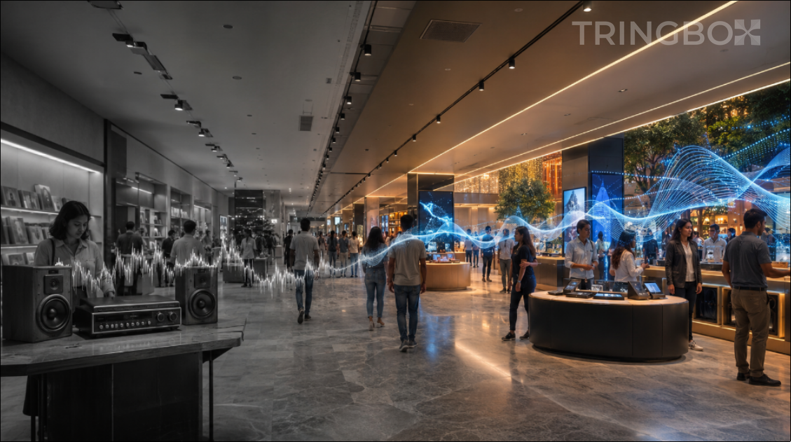A modern retail store utilizing an advanced digital audio system instead of an old traditional radio.
