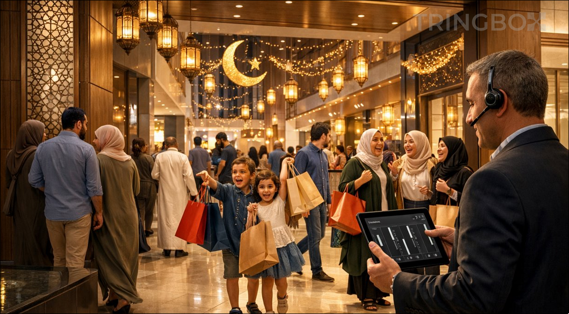 A vibrant Indian mall decorated for Eid, with shoppers in traditional attire and festive lighting.