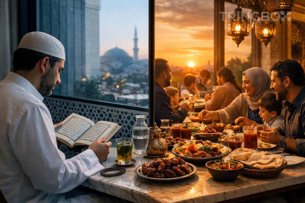 A beautifully lit, warm restaurant interior during the evening Iftar rush, with families gathered around tables enjoying food and a perfectly curated atmosphere.