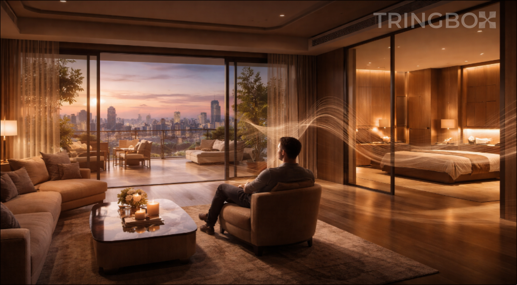 A modern, high-end real estate experience center with a project scale model and a luxurious, sonically optimized atmosphere.