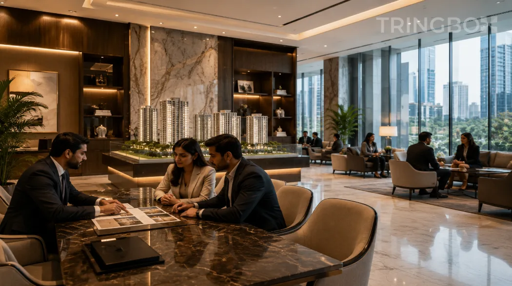 A modern, ultra-luxury real estate corporate office with glass walls, private lounges, and marble accents, unified by an invisible, sophisticated AI-managed sound layer.