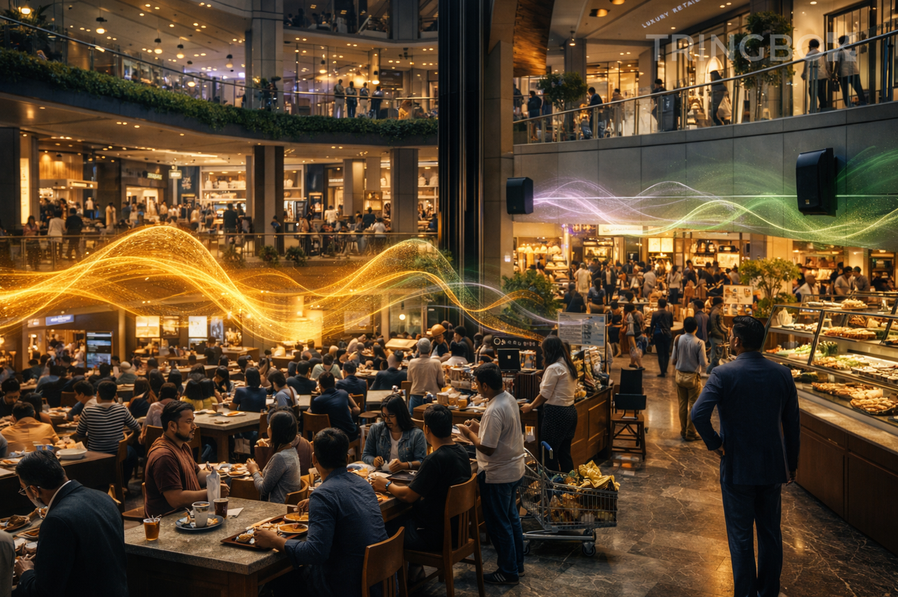 A sleek, modern IT park lobby with high-tech features and a vibrant, professional soundscape managed by Tringbox.