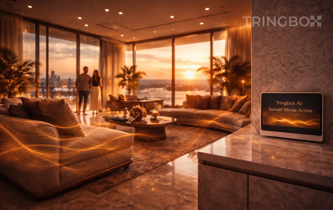 A stunning luxury model home living room with floor-to-ceiling windows, where soft, golden AI-generated sound waves represent the Tringbox atmosphere management.