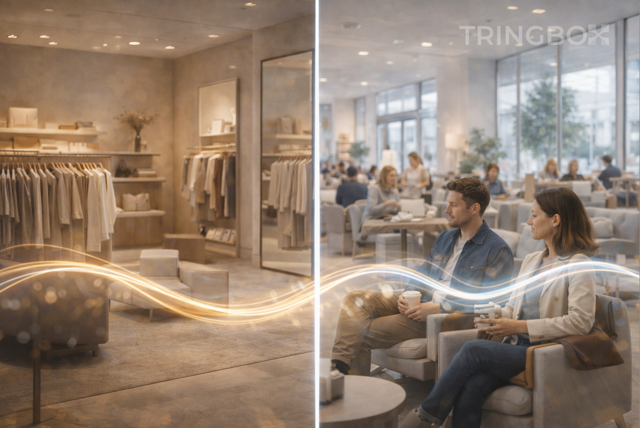 Retail environment using real-time mood-adaptive in-store music powered by Tringbox AI responding to crowd energy