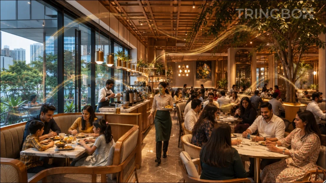 A bustling modern restaurant and cafe in India with diners enjoying a warm, legally compliant, AI-curated acoustic ambiance.