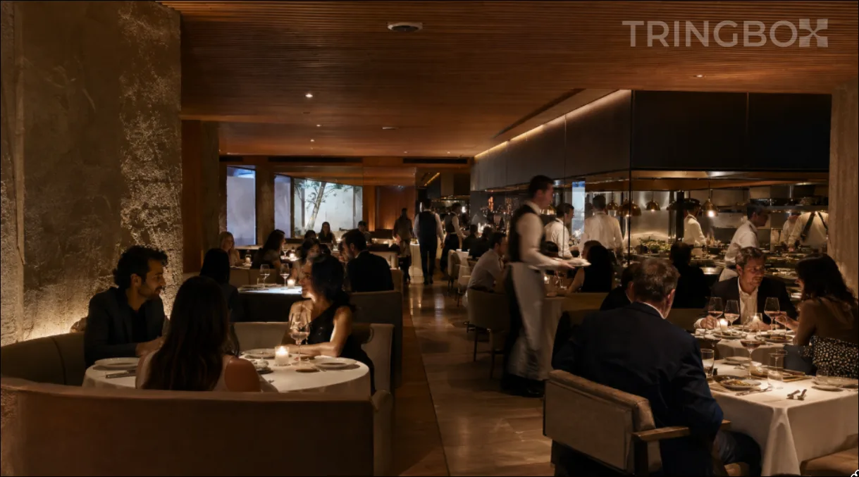 A high-end restaurant dining environment showing the subtle impact of background music tempo on customer experience.