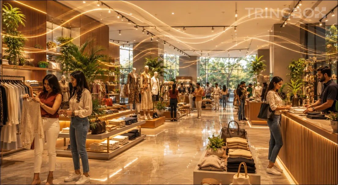 A modern, stylish retail store in India with shoppers browsing under trend-aligned, AI-curated background music from Tringbox.