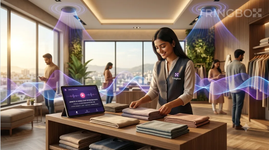 A relaxed, smiling retail employee seamlessly organizing stock in a warmly lit 2026 boutique, experiencing zero audio fatigue.