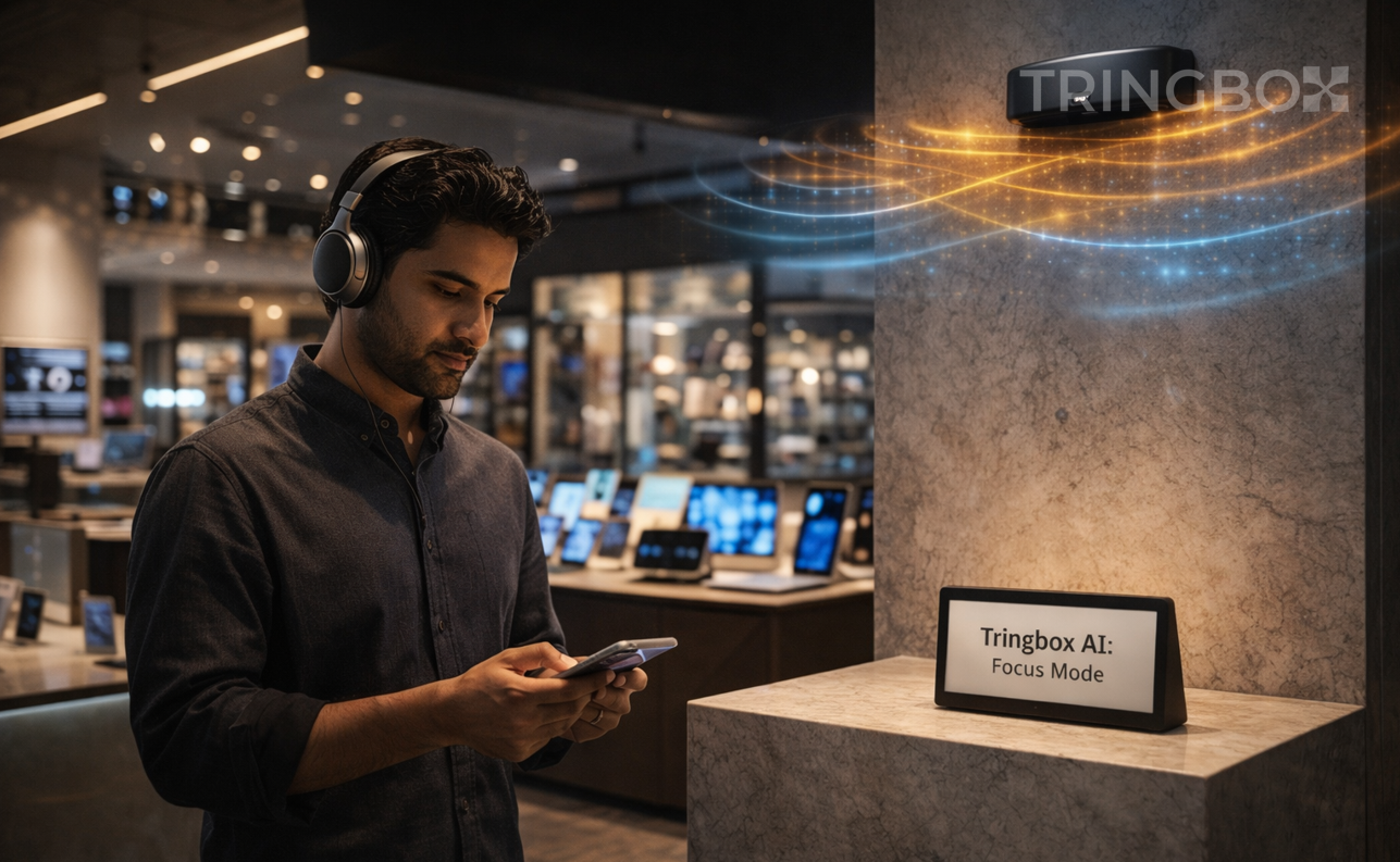 A high-end retail shop in a modern mall where a digital dashboard overlay shows AI music frequencies increasing customer engagement and sales energy.