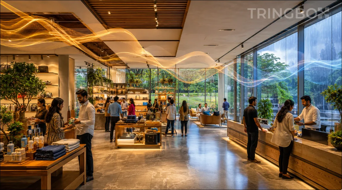 A modern retail store in India enjoying real-time, weather-adapted royalty-free AI background music from Tringbox.
