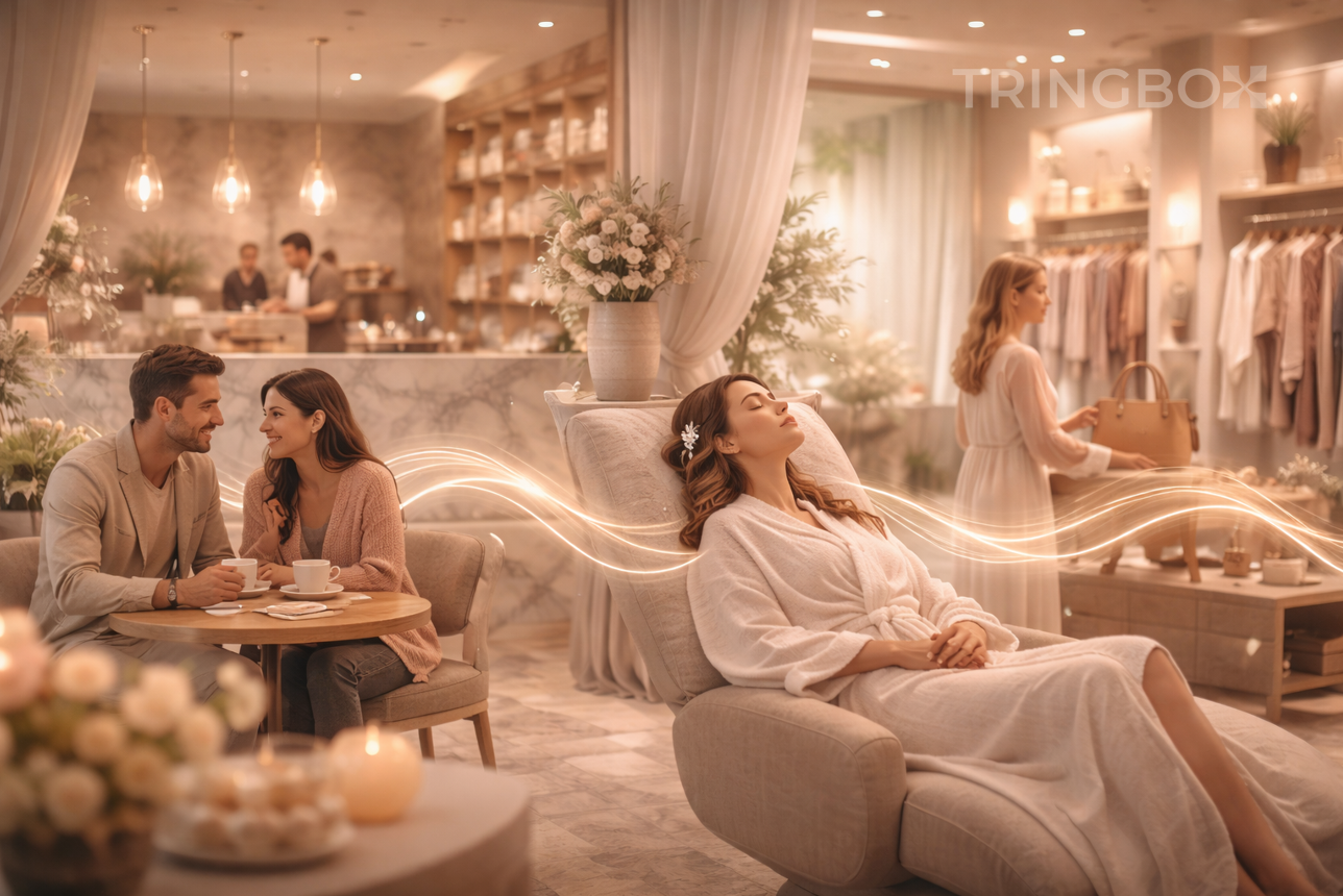 Business space using licensed royalty-free InStore music through an AI-powered sound system like Tringbox