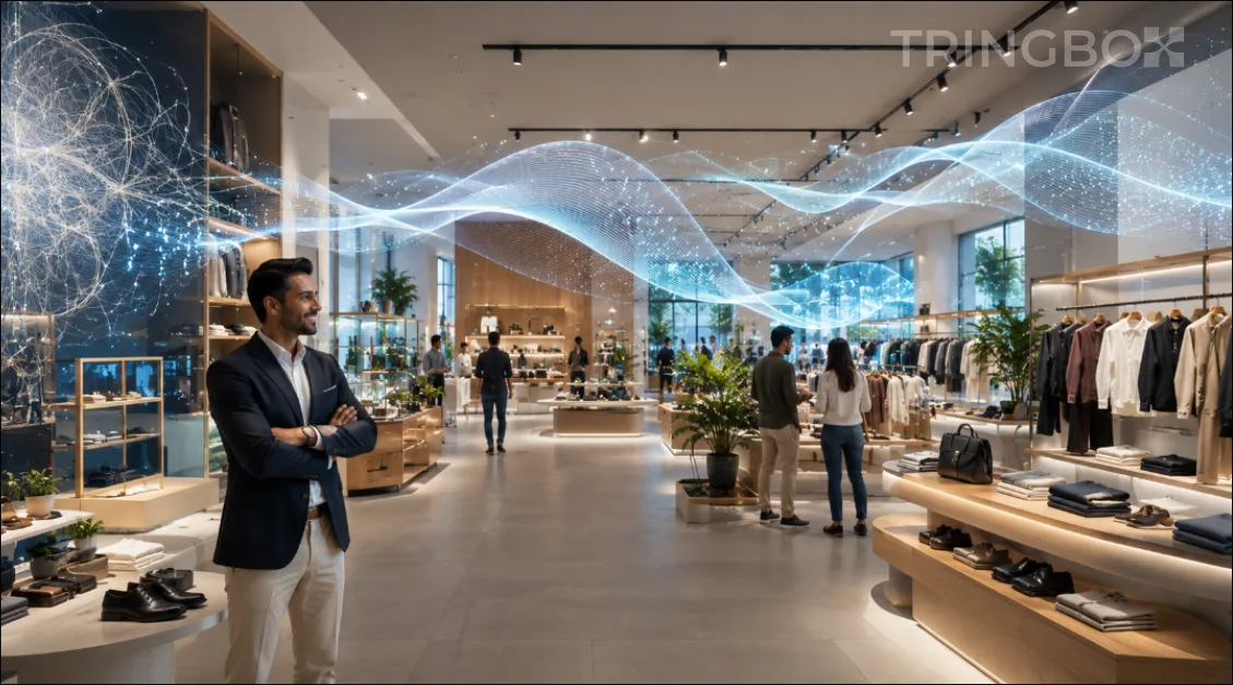 A modern retail sound engineering studio displaying advanced cloud analytics software processing a massive library of premium royalty-free audio tracks.