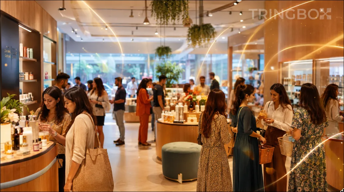 A modern retail store operating under legally compliant, AI-curated royalty-free background music from Tringbox.