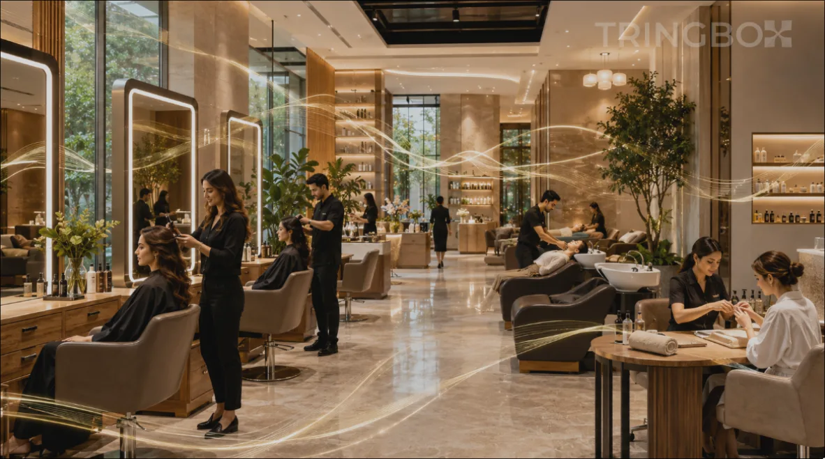 A luxury modern hair salon and spa layout featuring clean styling bays, where clients receive treatments in a legally safe, AI-optimized background audio environment.