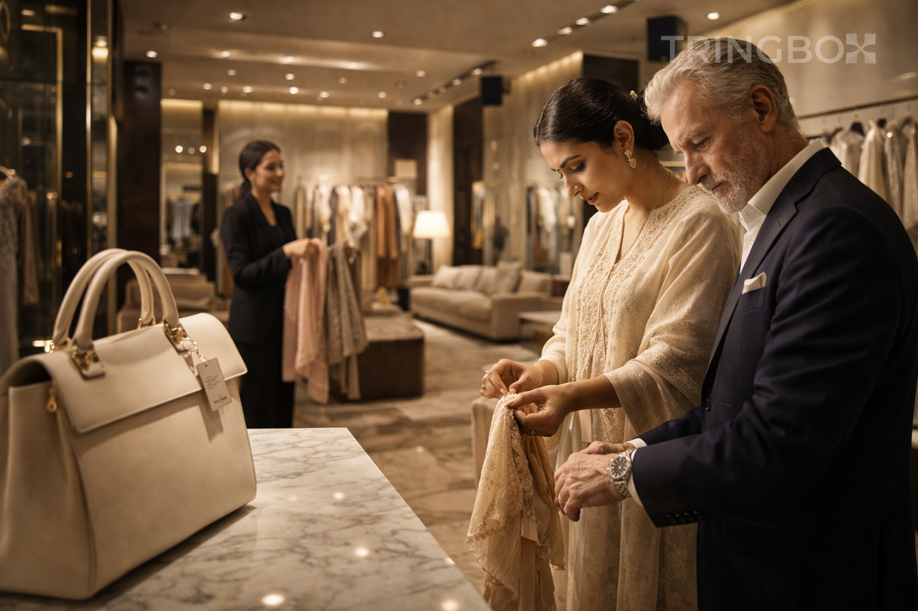 A sophisticated luxury fashion boutique interior with elegant lighting and a serene atmosphere.