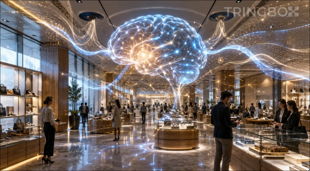 A conceptual visualization of a human brain interacting with soundwaves inside a modern retail space, highlighting the connection between neuroscience and consumer behavior.