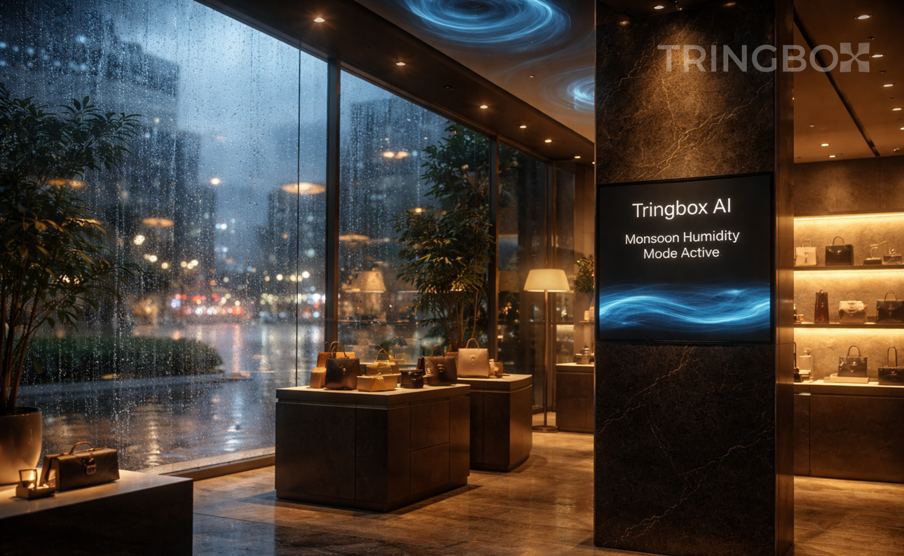 A sleek flagship store showing a digital dashboard overlaying the environment, illustrating how Tringbox AI monitors local temperature and weather to adjust the music.