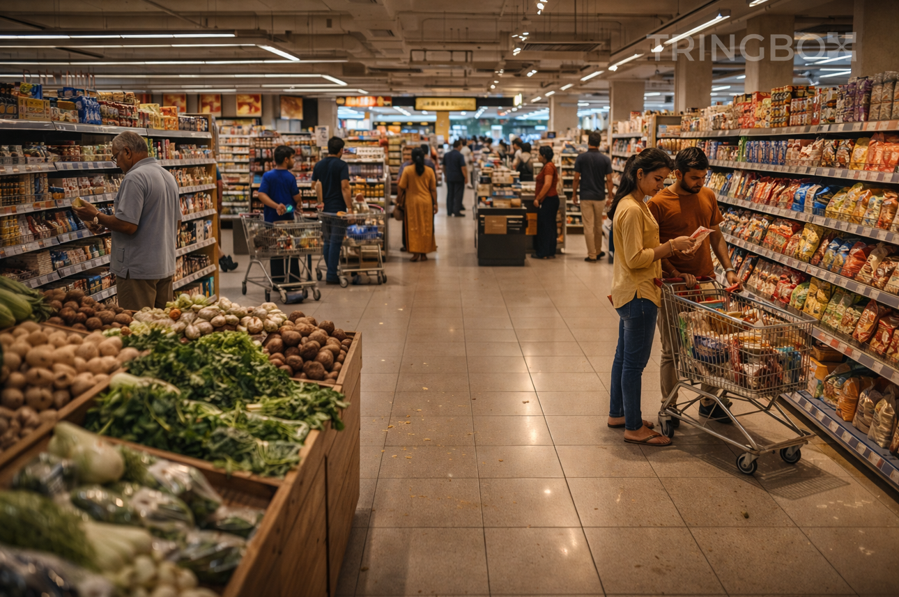 Indian supermarket aisle showing shoppers browsing while AI system manages the in-store music and tempo