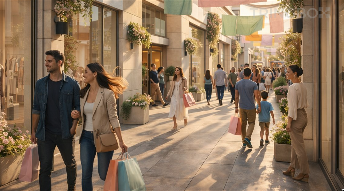 A bright, modern retail store filled with spring sunlight and shoppers moving through vibrant displays.
