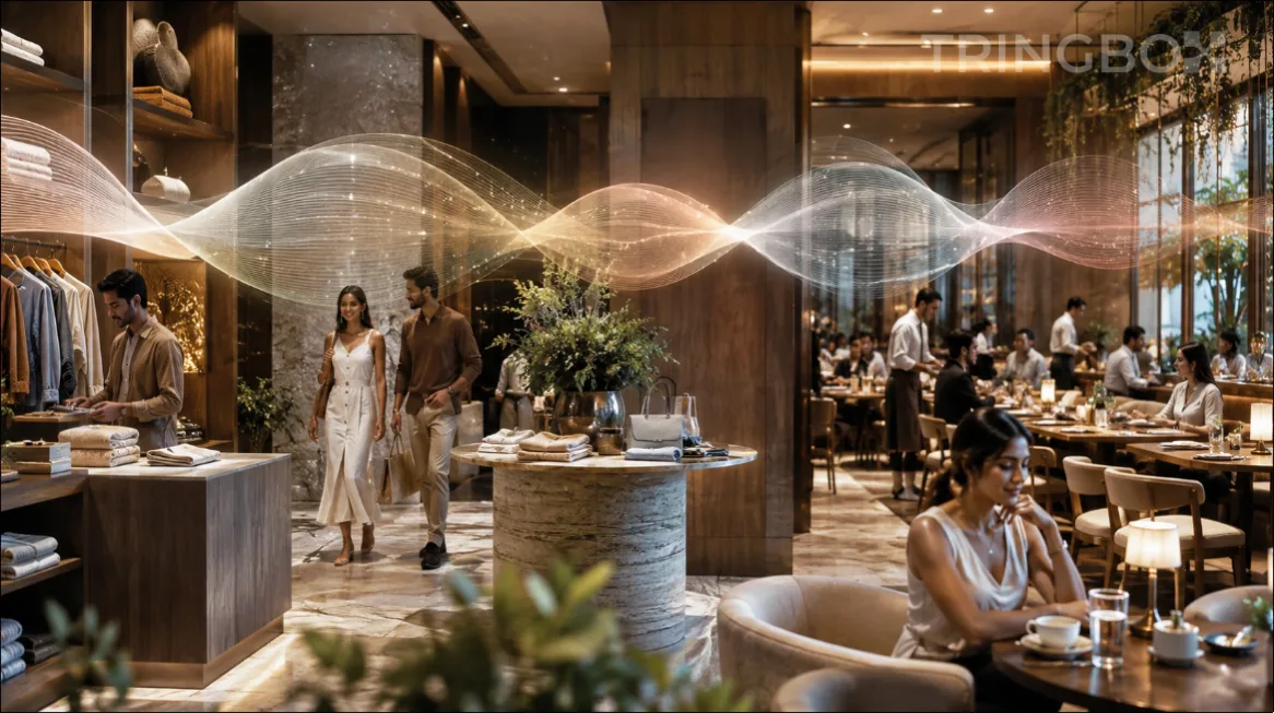 A visual representation of intelligent audio crossfading and loudness normalization ensuring seamless music playback in a commercial space.