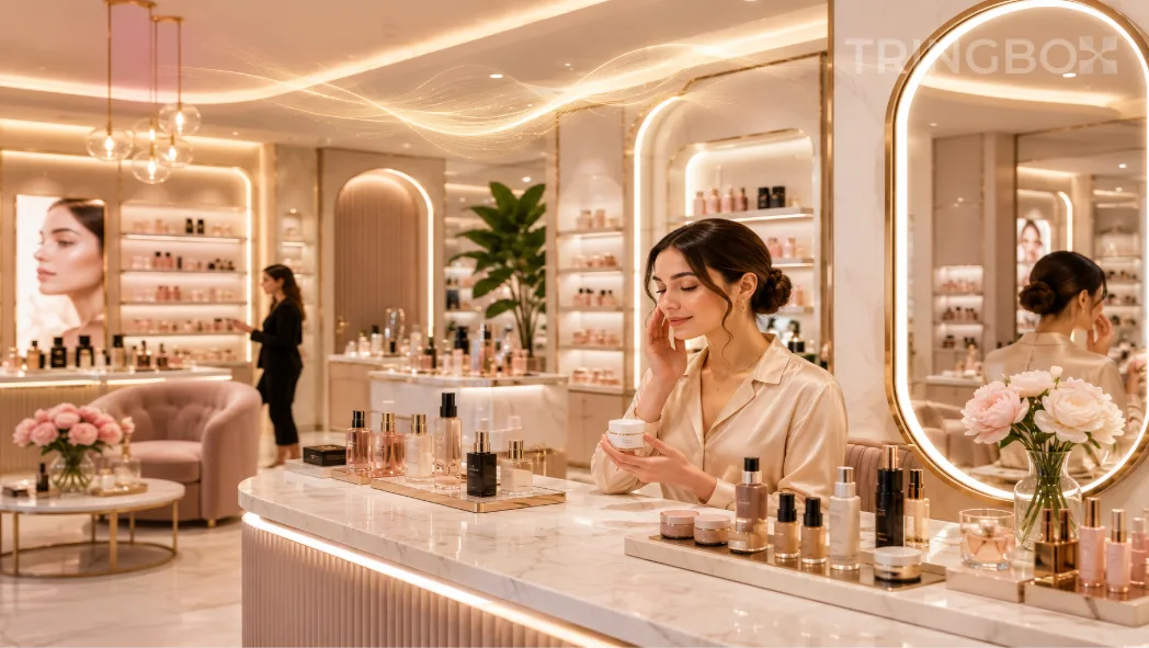 A sleek, premium cosmetic boutique with marble vanity counters and warm glowing mirrors, where a customer peacefully tests a product enveloped in a calm AI-curated atmosphere.