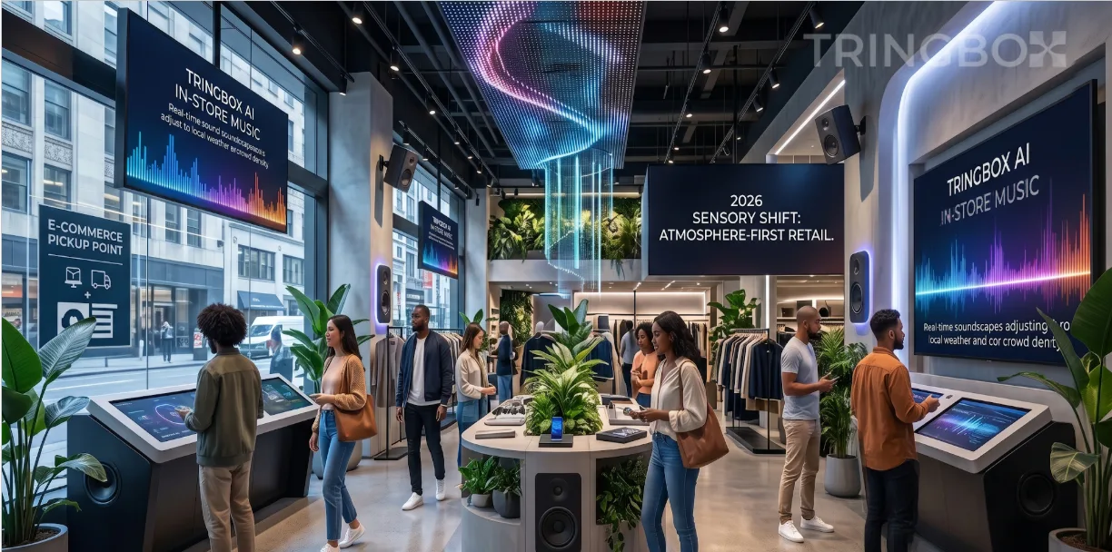 A bustling, modern retail boutique in 2026 featuring a seamless Tringbox AI music integration on a smart display