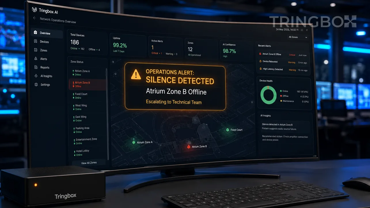 An operations dashboard highlighting a music outage alert in a retail store, showcasing Tringbox AI's proactive monitoring capabilities.