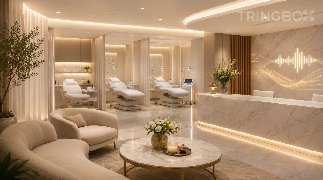 A modern, luxury skincare clinic featuring soft warm lighting, minimalist treatment zones, and marble accents, unified by an invisible, calming AI-driven audio soundscape.