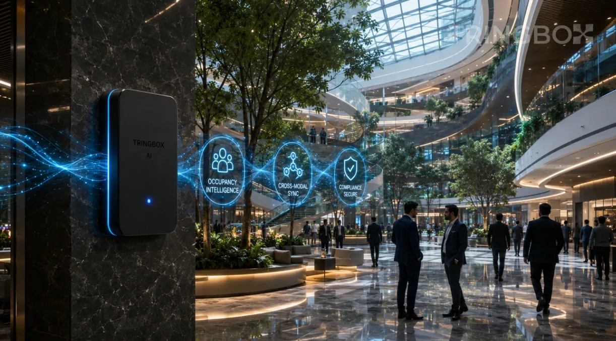 A 16:9 widescreen cinematic photograph capturing the grand atrium of a futuristic, premium Indian smart building encompassing retail and corporate spaces. The highly detailed background image emphasizes sweeping, biophilic architectural lines, massive glass ceilings, and automated adaptive lighting, completely free of any text overlays and containing no girls. A sleek, matte-black Tringbox sensor hub is mounted neatly onto a structural marble column, emitting a subtle, professional blue indicator light. Clean, translucent holographic data waves tracking environment telemetry float seamlessly in the atmospheric air, displaying clean status indicators such as OCCUPANCY INTELLIGENCE, CROSS-MODAL SYNC, and COMPLIANCE SECURE. In the background, a diverse group of professional male executives and travelers are moving fluidly through the optimized, stress-free space. Hyper-realistic, 8k resolution, cinematic lighting.