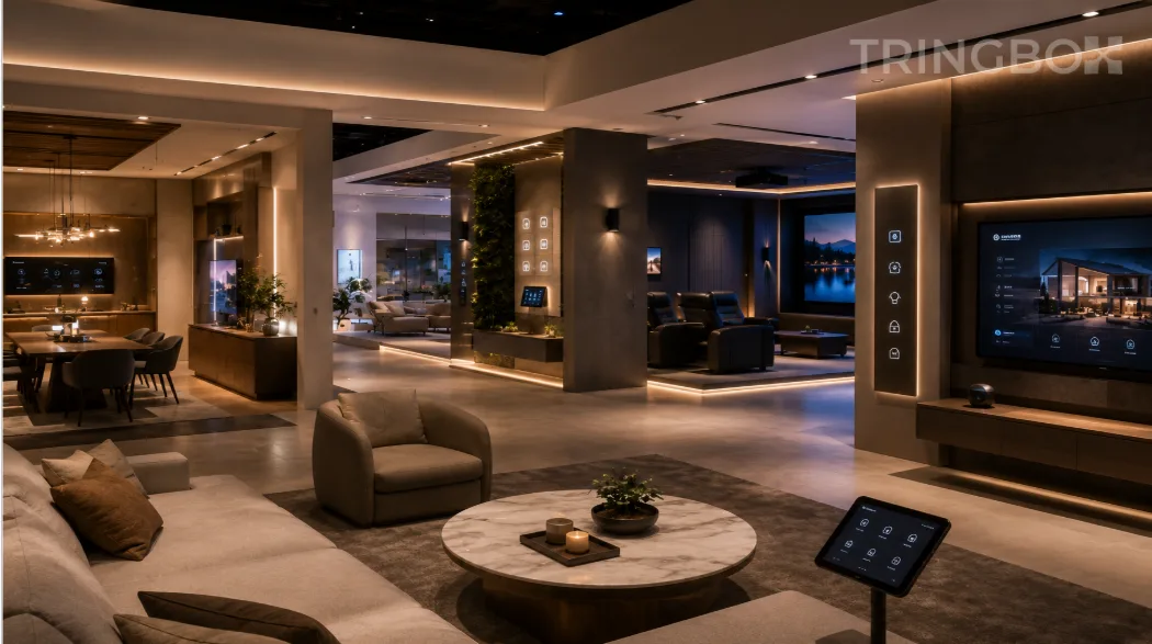 A modern, ultra-luxury smart home experience center featuring simulated open-plan living rooms with ambient scene lighting, unified by a soothing AI-curated soundscape.