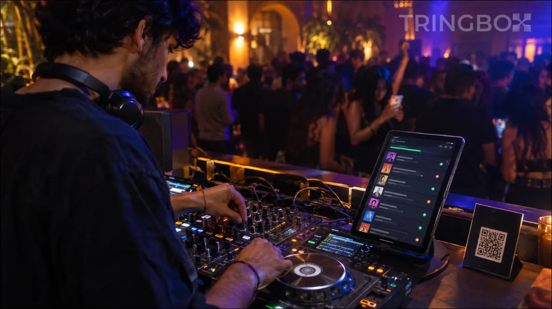 A DJ working a mixer at an event alongside a tablet showing incoming QR song requests.