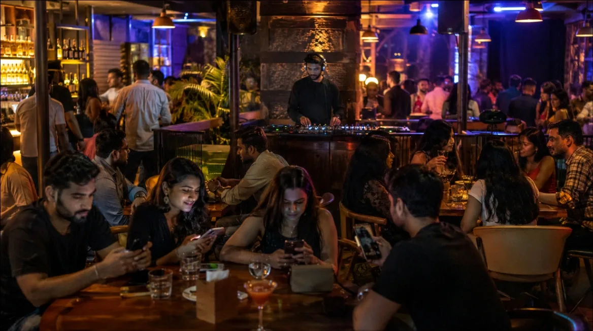 A vibrant Indian restobar scene with patrons looking at their phones and a DJ in the background.