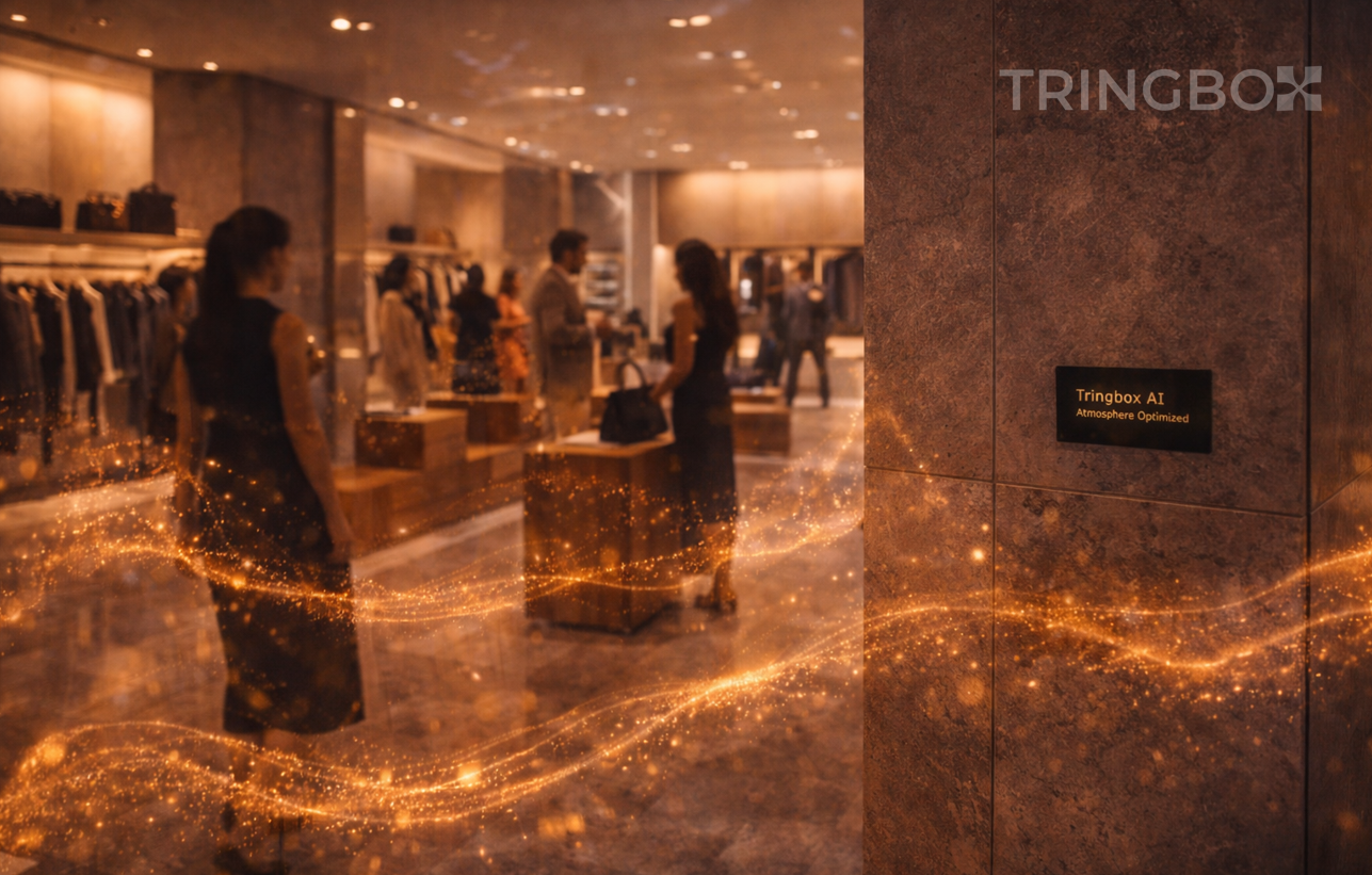 A sleek, luxury retail space where invisible golden sound waves represent the autonomous Tringbox InStore AI managing the brand atmosphere.