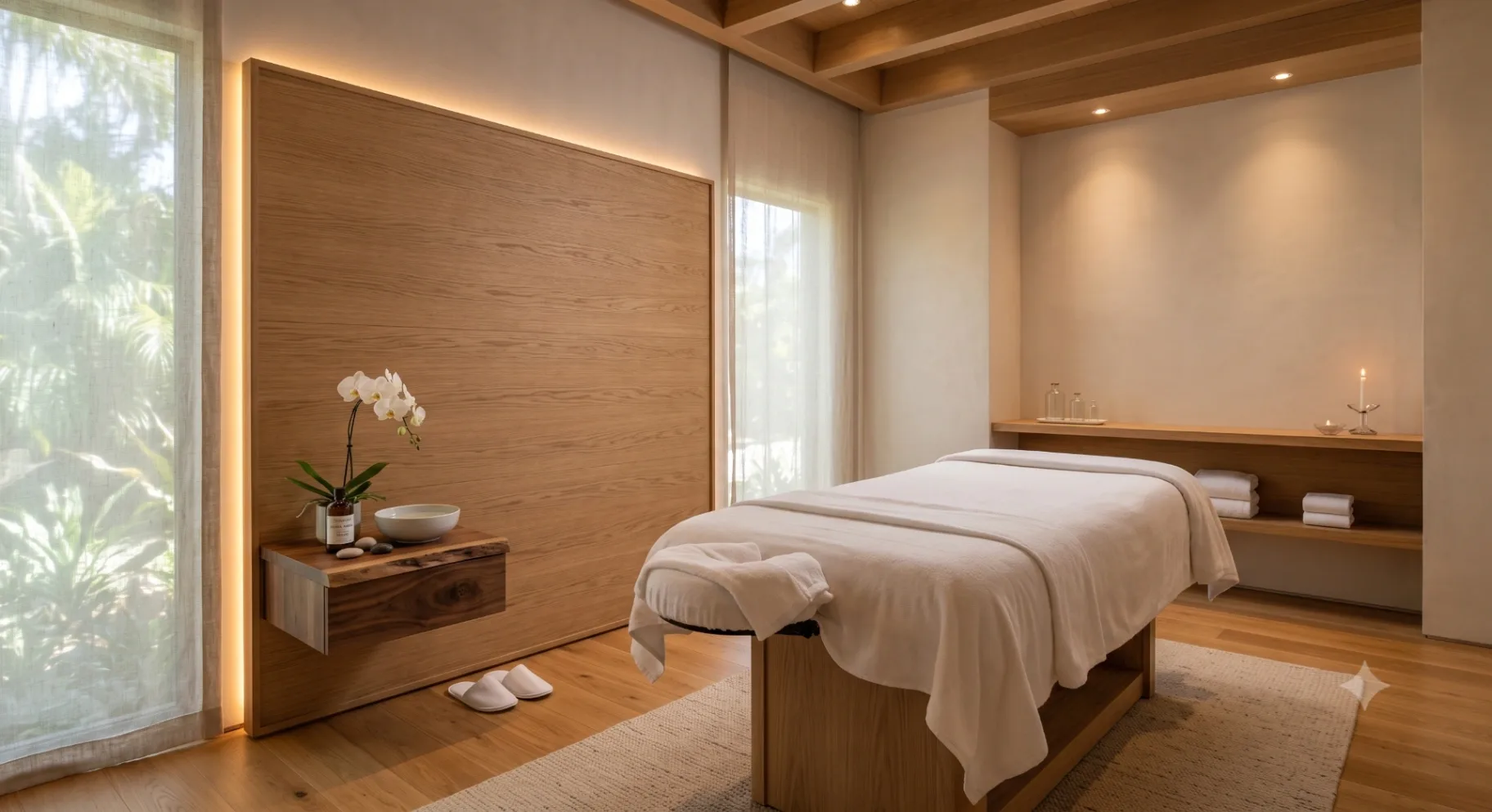 A luxurious, minimalist spa treatment room with ambient lighting and natural wood elements
