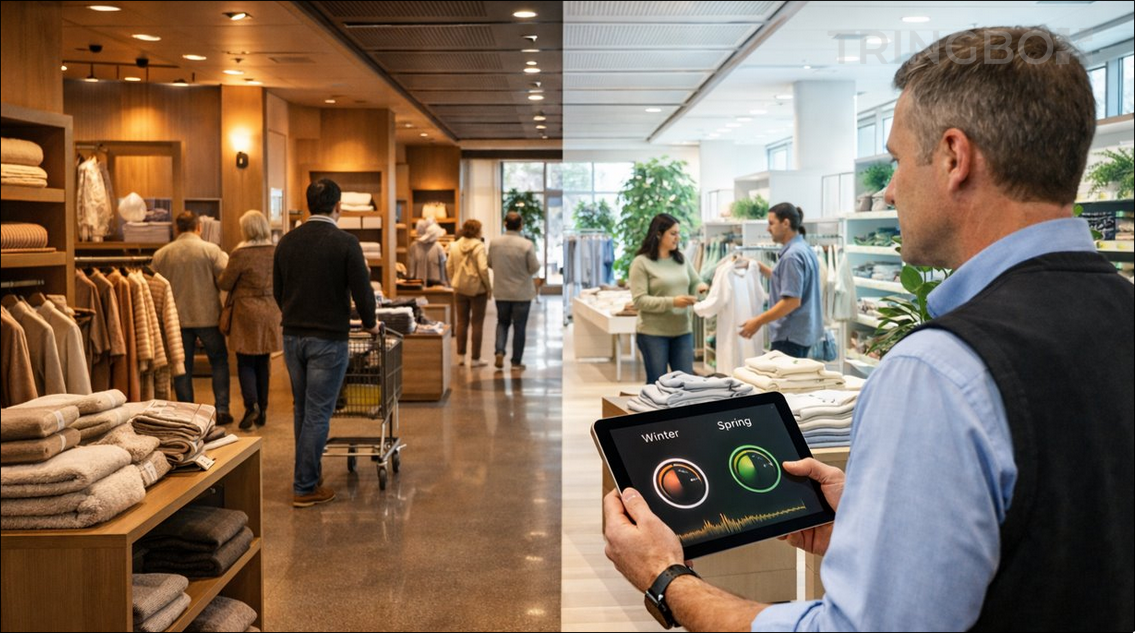 A modern fashion boutique with bright spring collections, light wood accents, and an airy, sunlight-filled atmosphere.