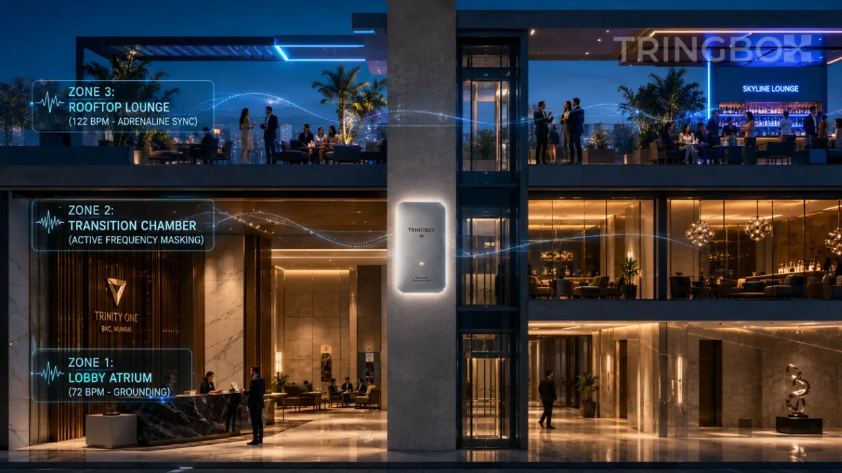A detailed 16:9 cinematic visualization of a luxury mixed-use commercial tower interior. Translucent, stylized multi-colored digital energy bands float neatly through the air, clearly mapping out separate fields labeled 'ZONE 1: LOBBY DE-ESCALATION (72 BPM)', 'ZONE 2: ELEVATOR MASKING (65 BPM)', and 'ZONE 3: ROOFTOP ADRENALINE (125 BPM)'. On a central structural column, a platinum Tringbox hardware hub glows with a soft, authoritative light, controlling the seamless transitions. Hyper-realistic, 8k resolution.
